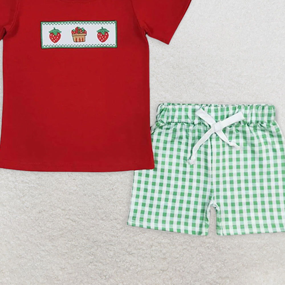 BSSO0810RTS NO MOQ Baby Boys Summer Boys Outfits  Baby Boys Red Strawberry Cake Shirt Top Shorts Clothes Sets