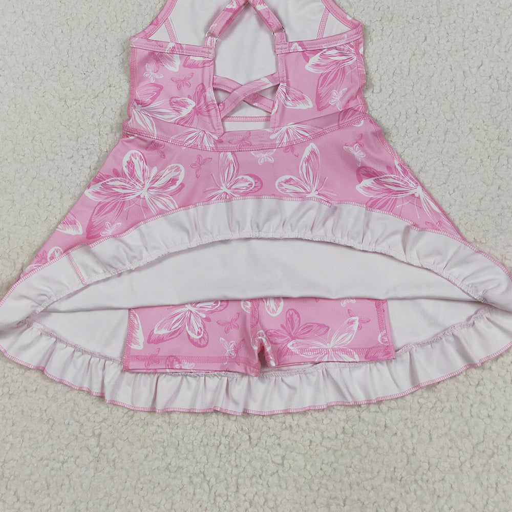 7.16 GSD2292 RTS NO MOQ  Baby Girls Summer Yoga Dress Baby Girls Pink Strap Butterfly Yoga Ruffle Knee Length Dresses