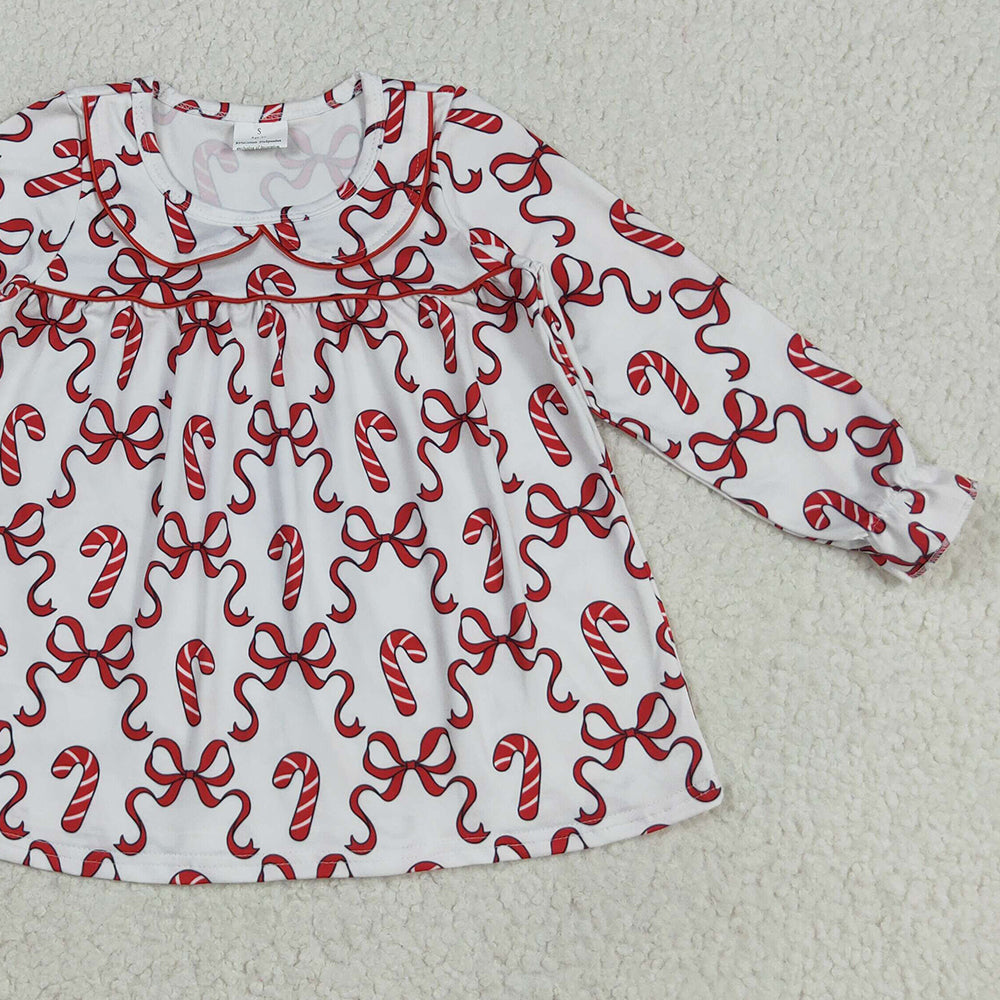 RTS NO MOQ （In stock）GLD1130 Baby Girls Winter Dress Baby Girls Christmas Red Bows Candy Cane Knee Length Dresses