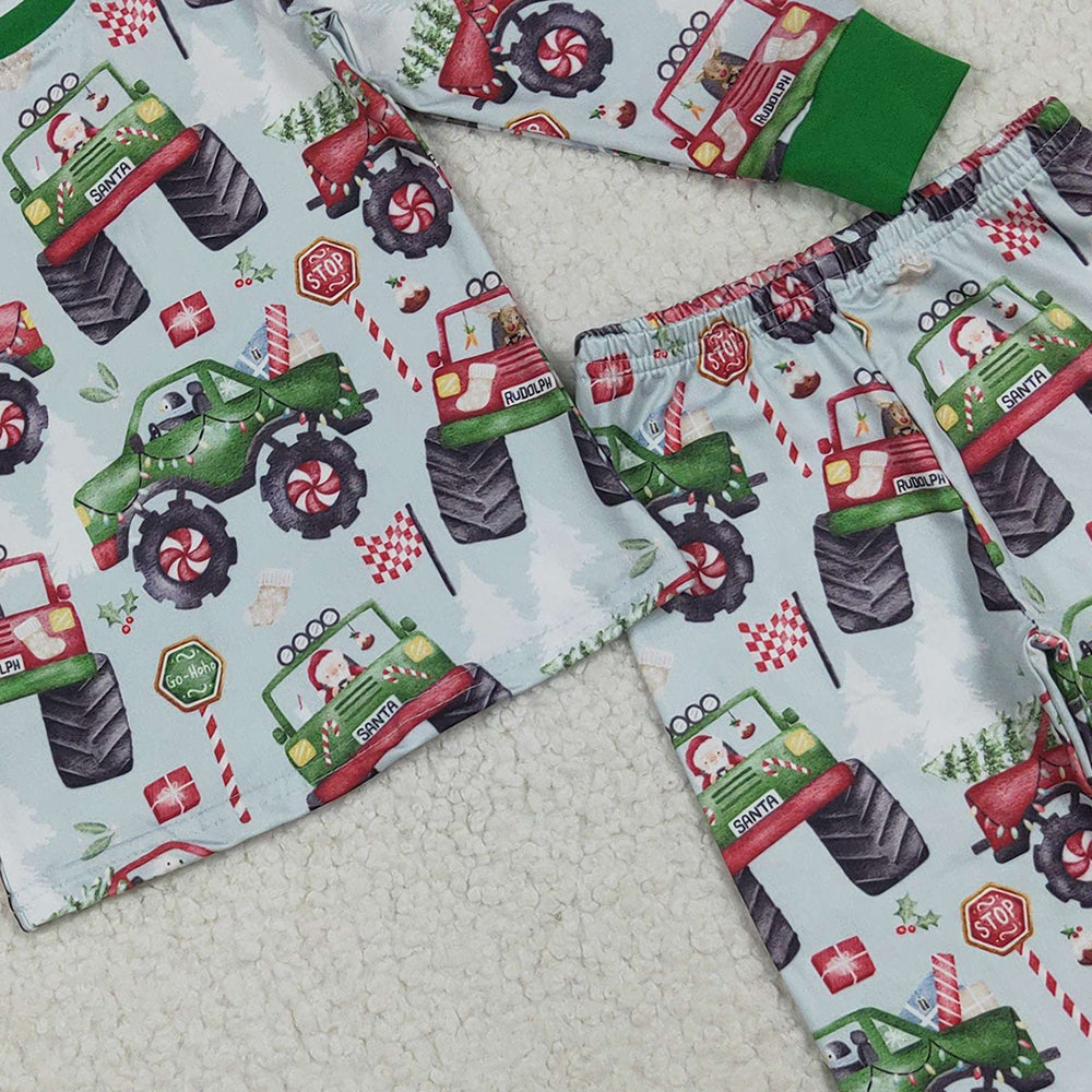8.22 RTS NO MOQ （In stock）BLP1087 Baby Boys Winter Outfits Baby Boys Long Sleeves Trucks Trees Flags Top Pant Pajamas Set