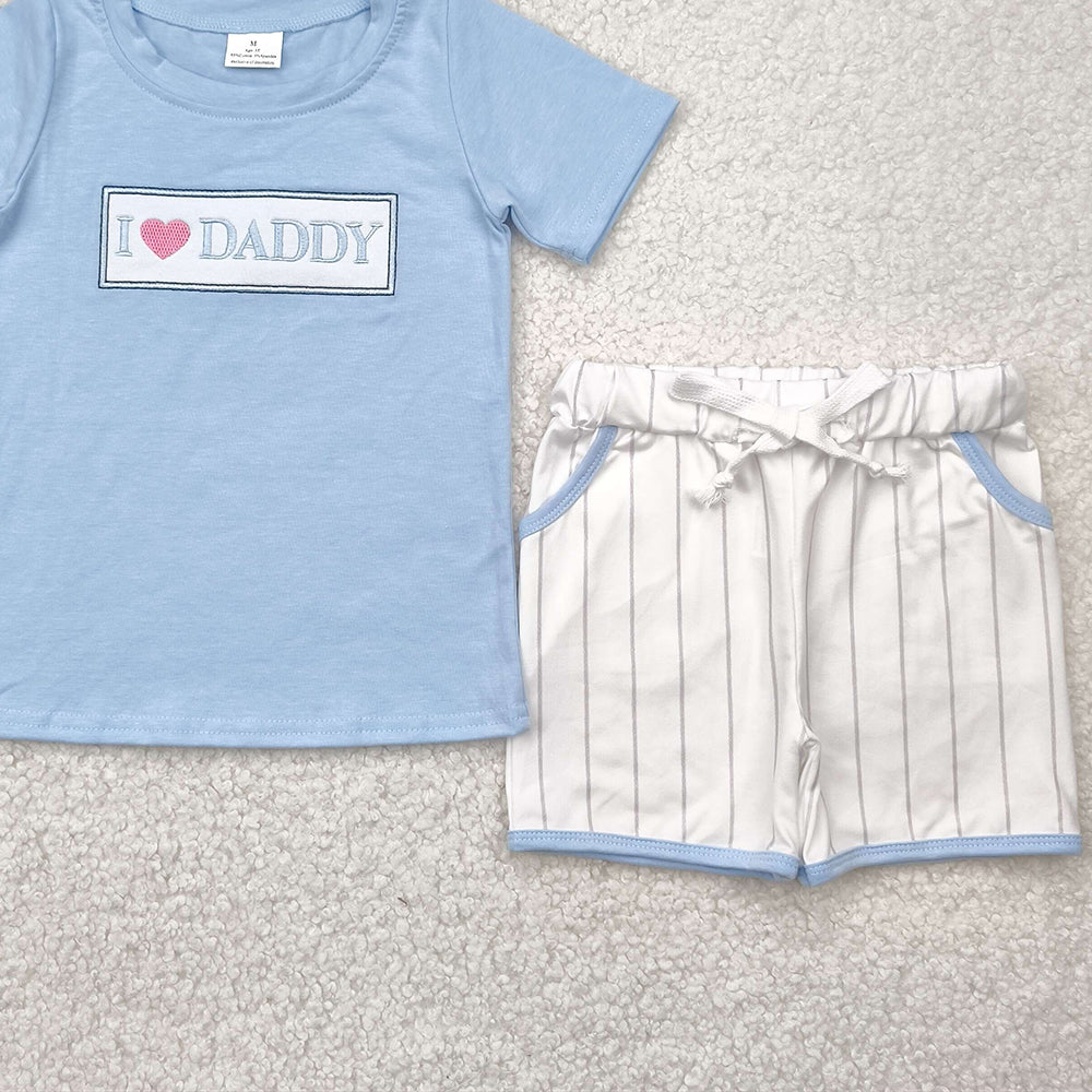7.19 BSSO1434 RTS NO MOQ Baby Boys Summer Boys Outfits Embroidery Baby Boys Blue Short Sleeves I LOVE DADDY Top Stripe Pockets Short Set