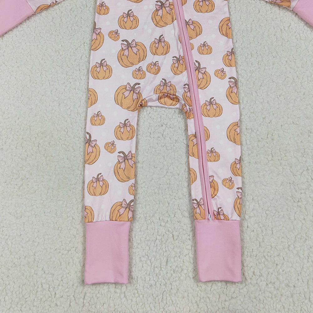 USA Shop (in stock)LR2271 Baby Girls Winter Rompers Baby Girls Long Sleeves Pink Bows Pumpkins Footie Zipper Rompers