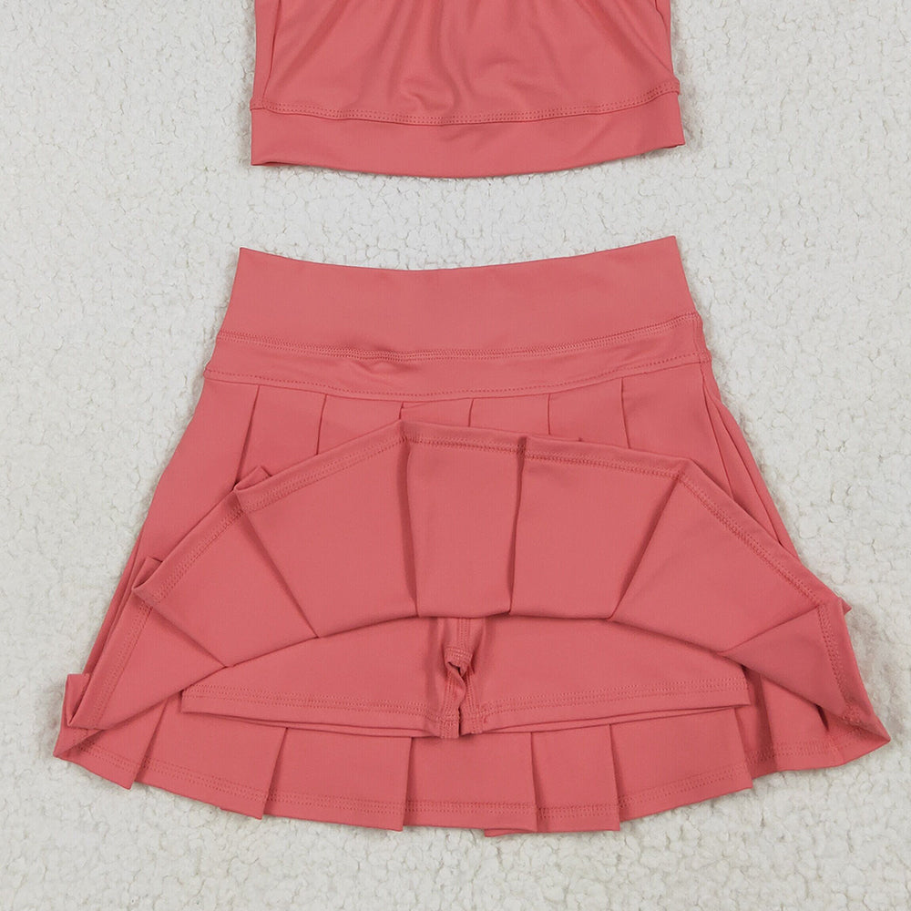 GT1004+GLK0080RTS NO MOQ Peach straps kids girls summer activewear crop top Orange high waist activewear skorts sets