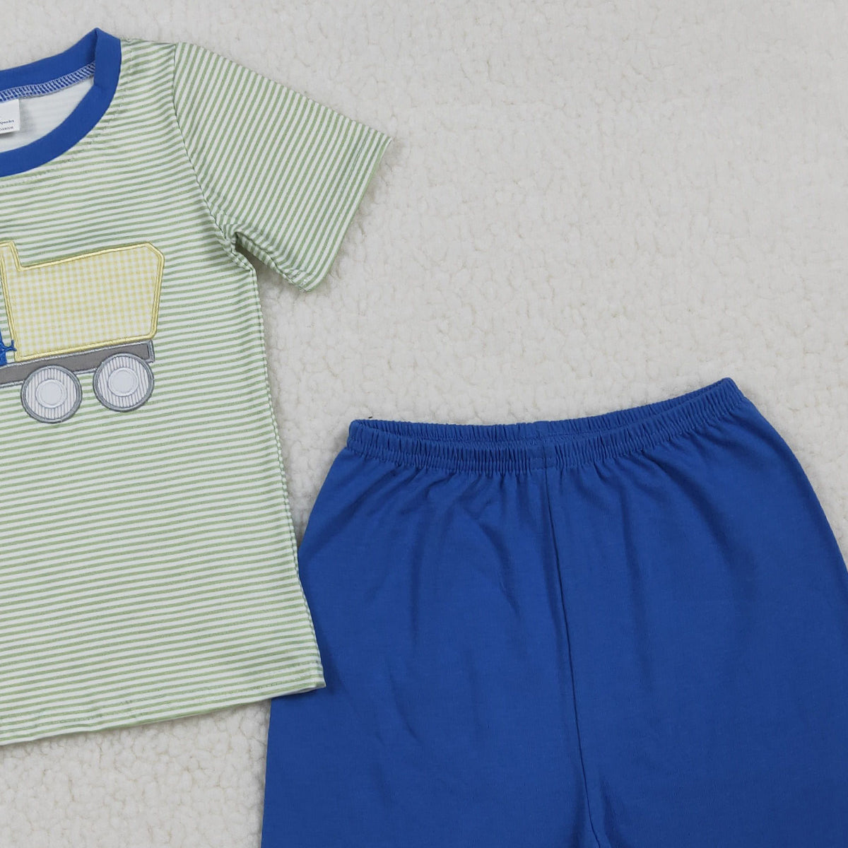 3.25 RTS NO MOQ （In stock）BSSO1833 Fashion Clothing For Baby Boys Short Sleeve Embroidery Tractors Stripe Top Shorts Clothes Sets