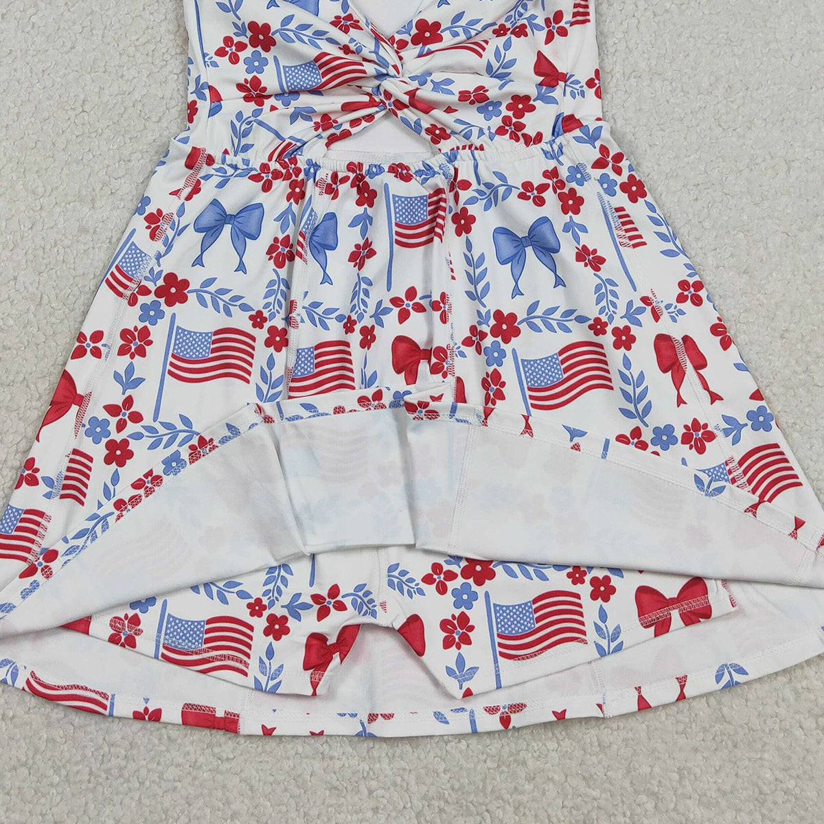3.10 RTS NO MOQ （In stock）GSD3639 Kids Fashion Clothes Baby Girls Sleeveless Flower Flags 4th of July Yoga Active Shorts Knee Length Dress