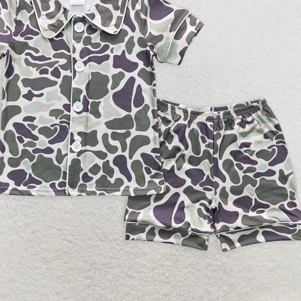 BSSO0332RTS NO MOQ Baby Boys Summer Pajamas Outfits   Baby Boys Light Green Camo Buttons Shirt Shorts Summer Pajamas Clothes Sets