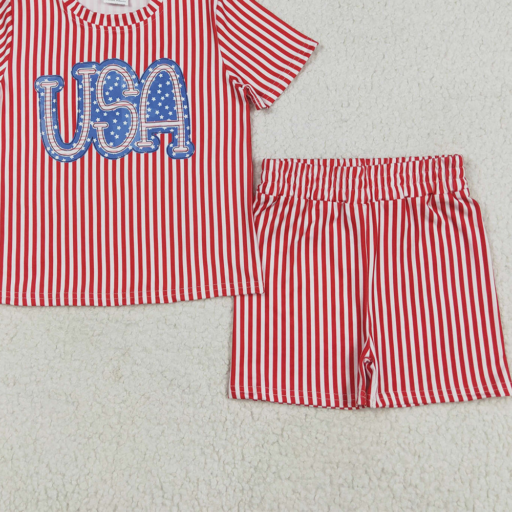 7.02 GSSO2577 RTS NO MOQ Baby Girls Summer Outfits Baby Girls Red Stripe USA Top Short 4th Of July Pajamas Set