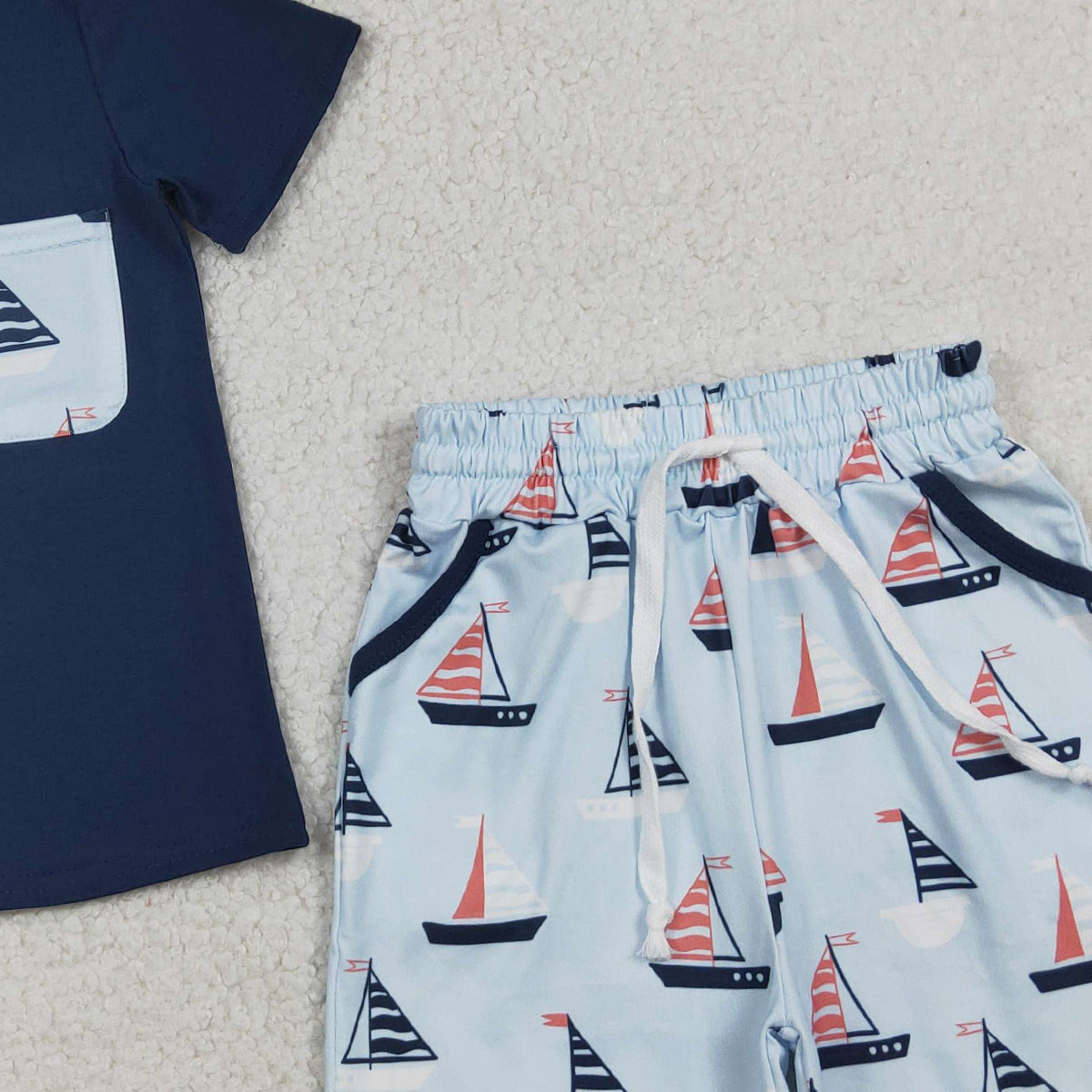 3.27 RTS NO MOQ （In stock）BSSO1855 Fashion Clothing For Baby Boys Short Sleeve Navy Shirt Top Boats Pockets Shorts Clothes Sets