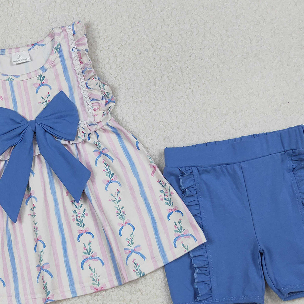 RTS NO MOQ （In stock）GSSO2533 Baby Girls Summer Outfits Sleeveless Floral Stripe Tunic Ruffle Shorts Sets