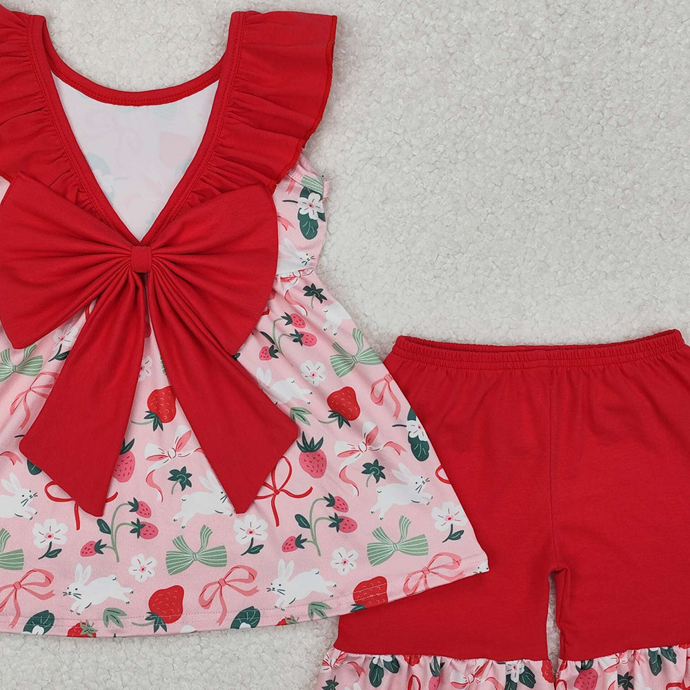 GSSO1914Girls Sleeveless Ruffle Striped Rabbit Bow Easter Clothing Cute Spring/Summer Outfit for Kids