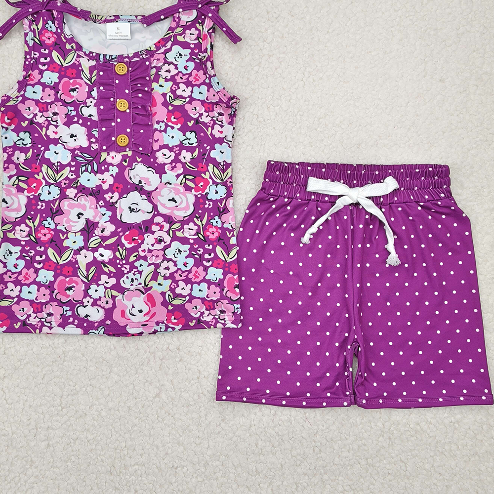 4.11 GSSO2358 RTS NO MOQ Baby Girls Summer Outfits  Sleeveless purple floral top polka dots shorts girls clothes