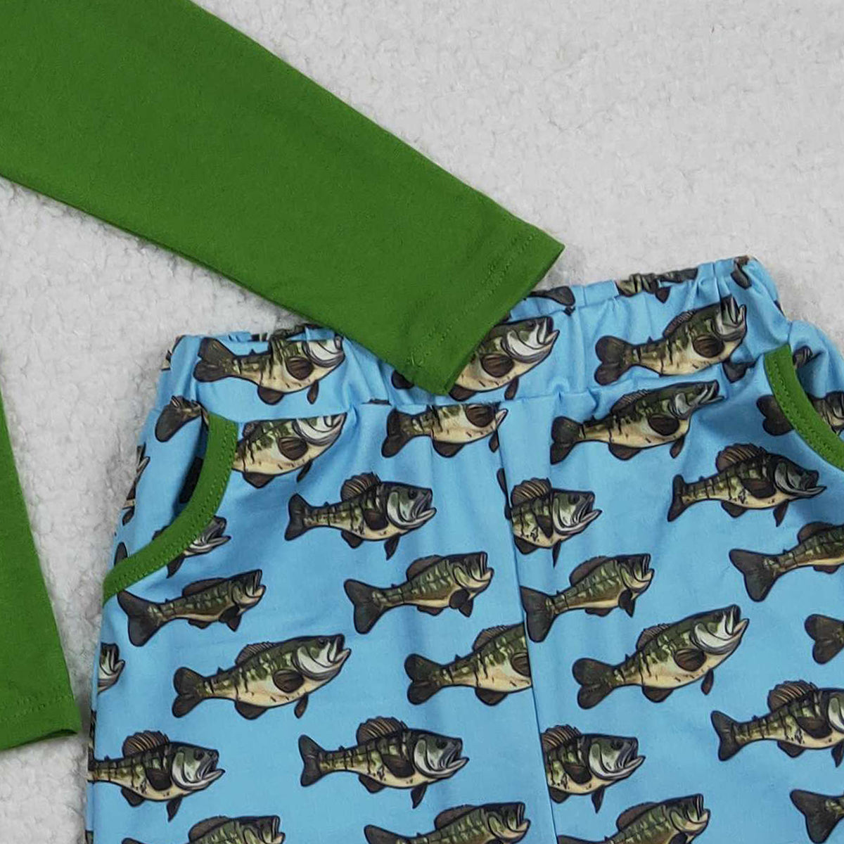 10.28 RTS NO MOQ （In stock）BLS0010 Baby Boys Green Long Sleeve Fishes Plaid Top Pockets Shorts Hunting Clothes Sets