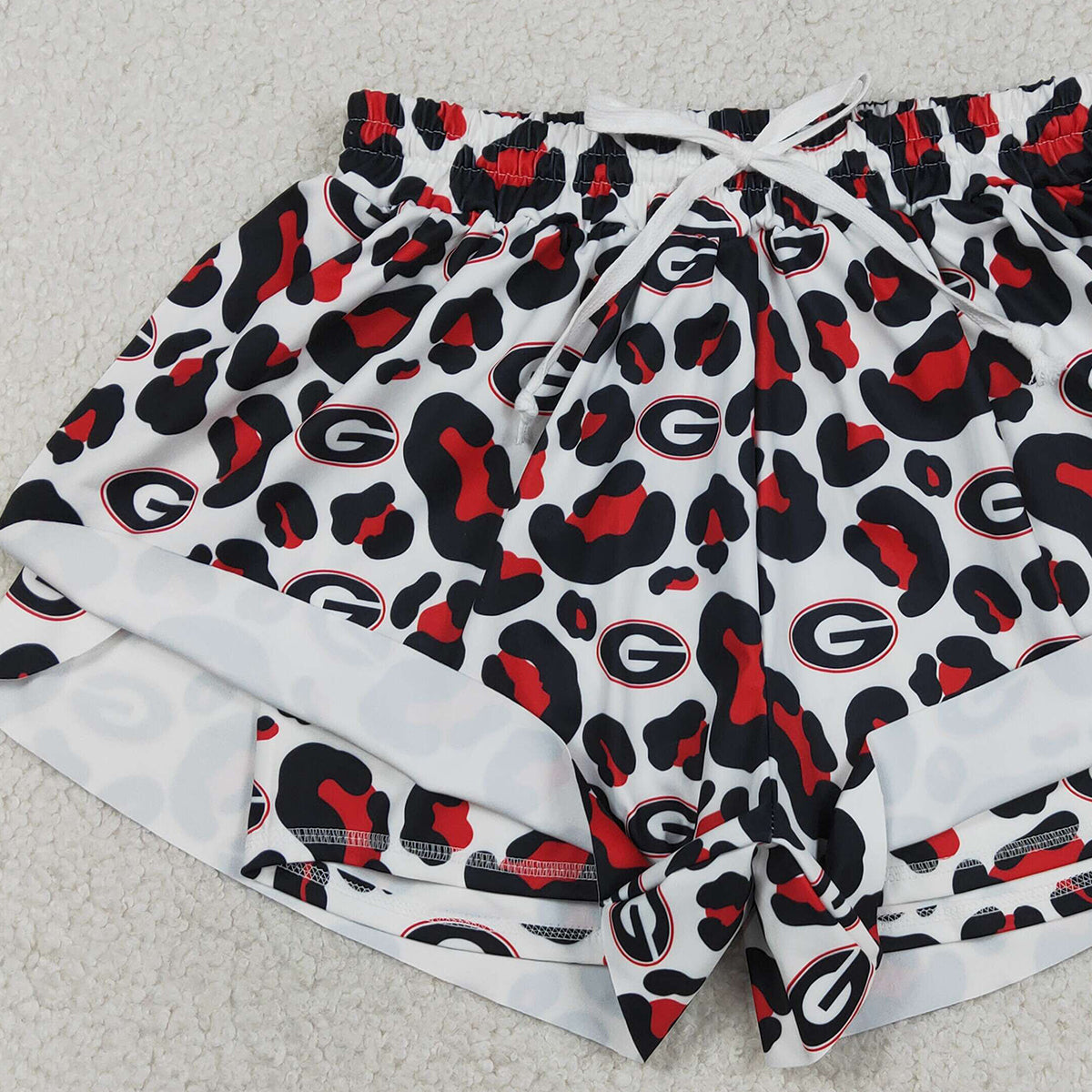 3.12 RTS NO MOQ （In stock）SS0804 Adult Women Black Red Leopard G Team Yoga Active Ruffle Shorts Bottoms