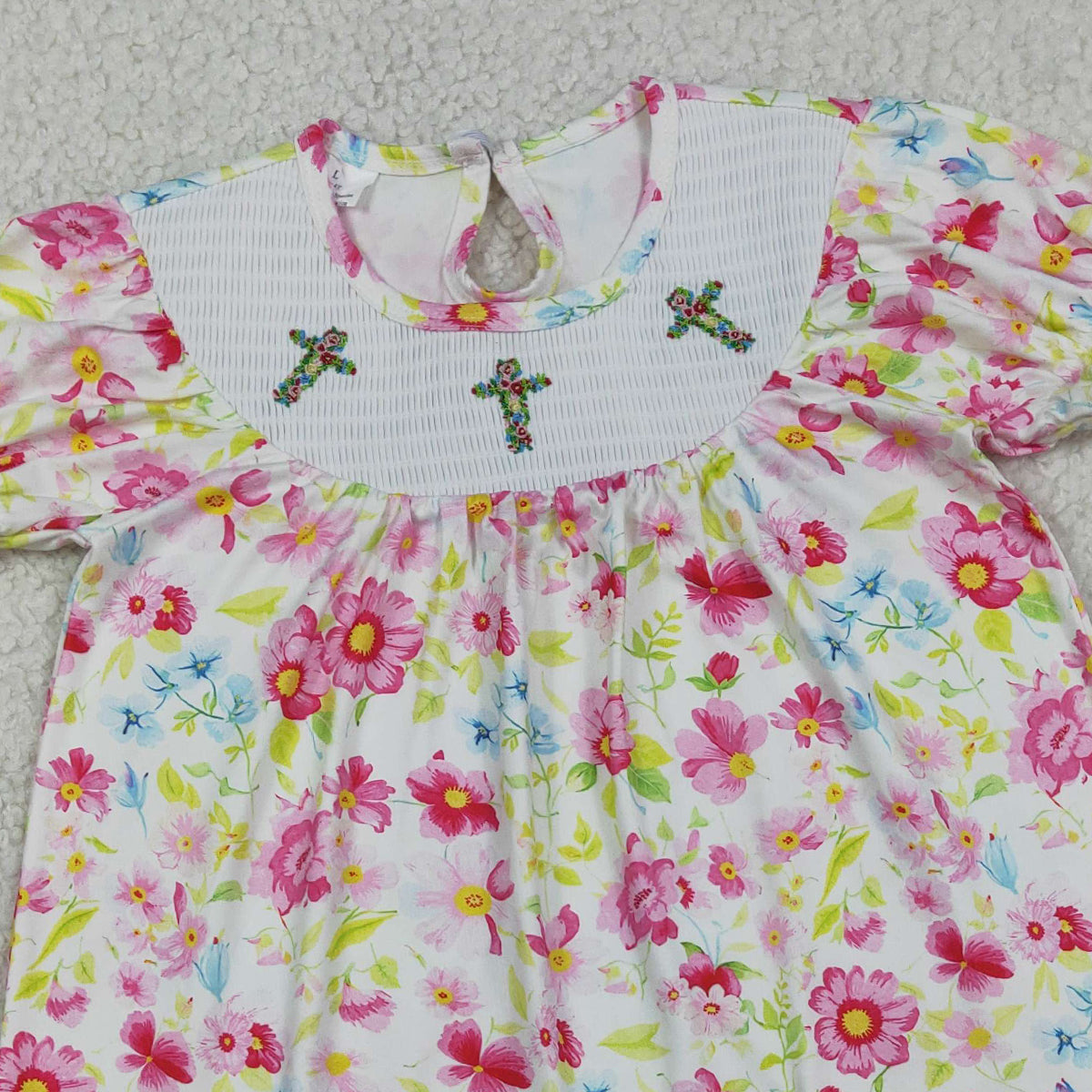 3.28 RTS NO MOQ （In stock）GSD3314 Floral short sleeves cross smocked baby girls Easter dress