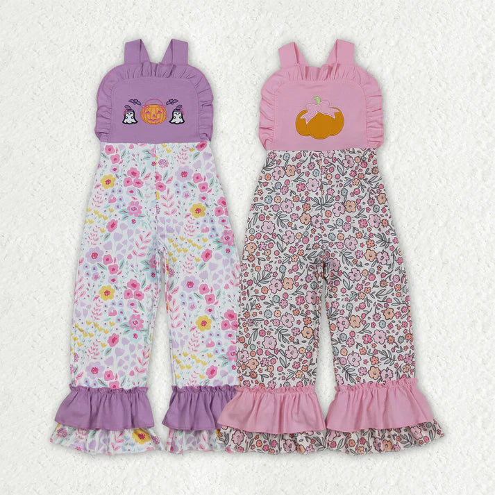 RTS Sibling Baby Girls Lavender Ruffle Straps Pumpkin Ghost Girls Halloween Jumpsuit for Kids Costume Party Outfit