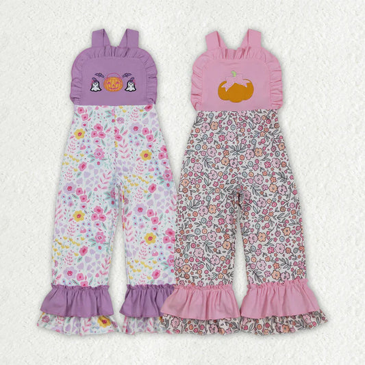 RTS Sibling Baby Girls Lavender Ruffle Straps Pumpkin Ghost Girls Halloween Jumpsuit for Kids Costume Party Outfit