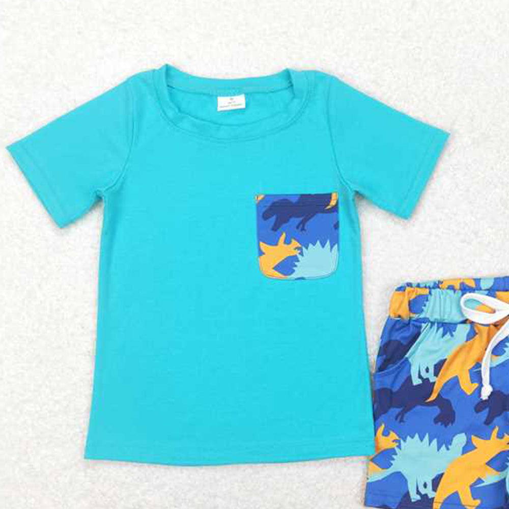 4.26 BSSO0444 RTS NO MOQ Short sleeves pocket top dinosaur shorts boys outfits