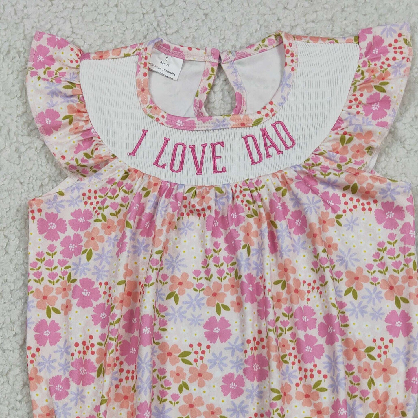 SR4142  RTS NO MOQ （In stock）I love dad smocked pink floral baby girls summer romper