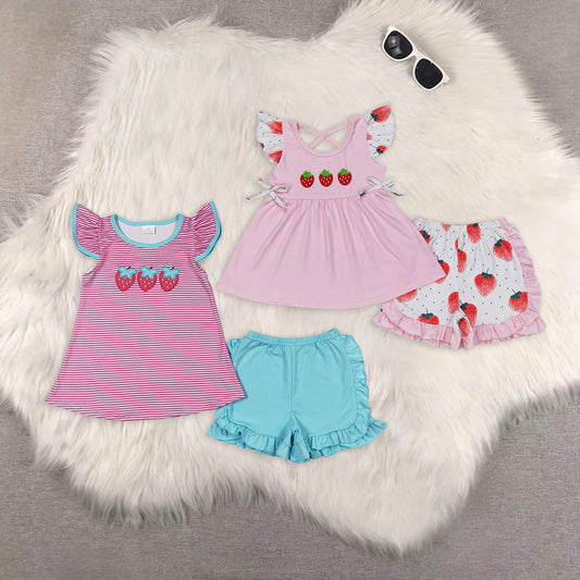 8.12   RTS Sibling Baby Girls Summer Outfits  Flutter sleeves strawberry shirt ruffle shorts girls clothes