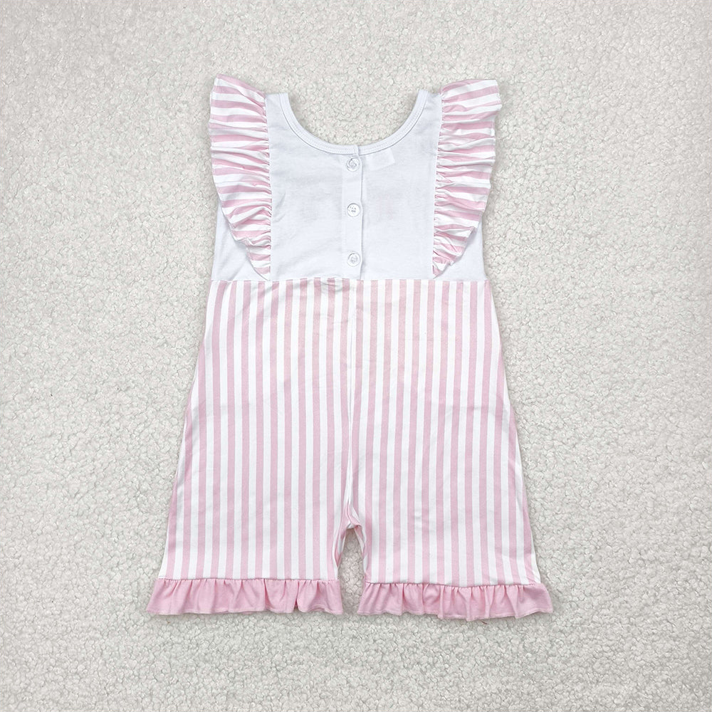 6.12  SR3025 RTS NO MOQ Baby Girls Summer Jumpsuits  Embroidery Pink stripe bow flutter sleeves pockets baby girls jumpsuit