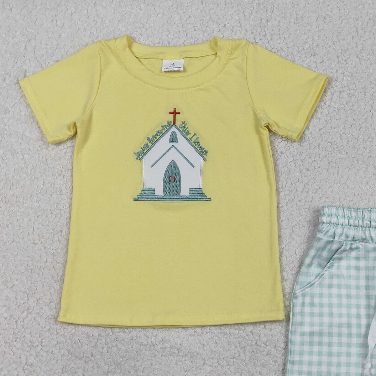 1.6 RTS NO MOQ （In stock）BSSO1740 Embroidery Church Crosses Baby Boys Checked Pockets Shorts Easter Clothes Sets