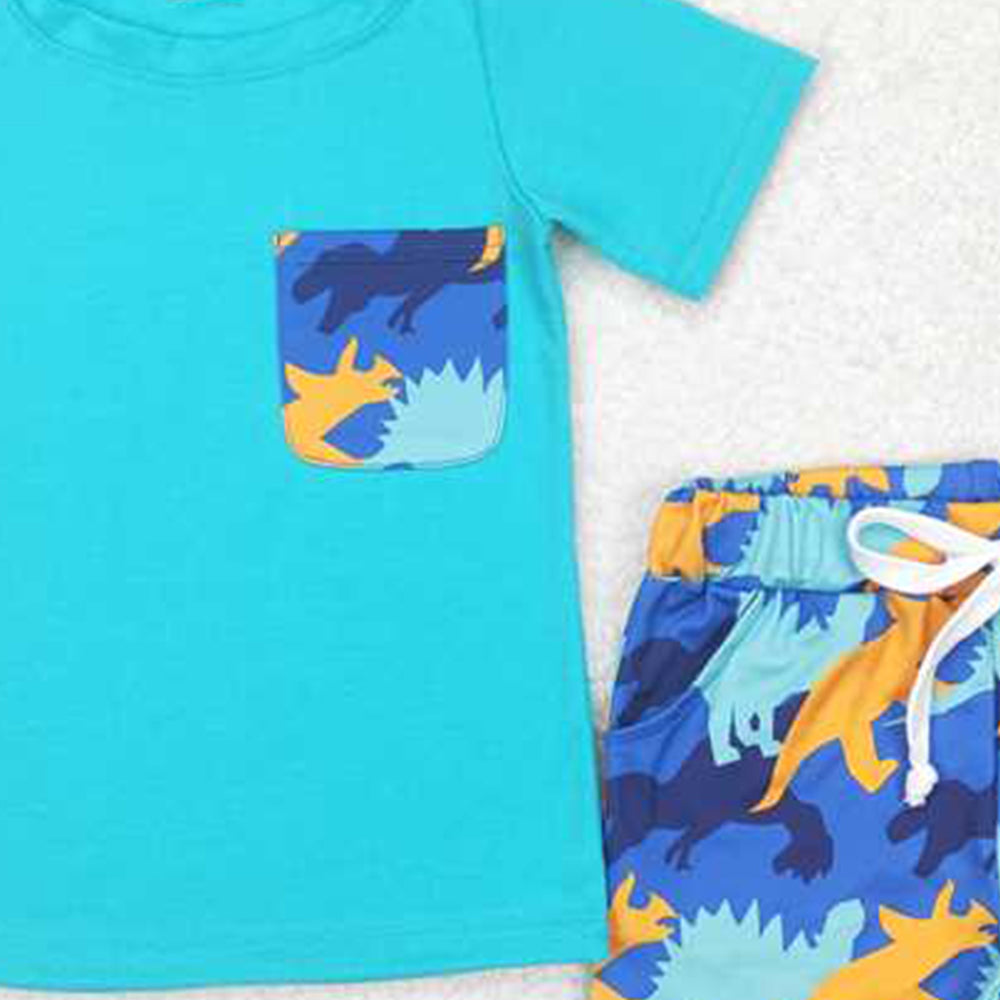4.26 BSSO0444 RTS NO MOQ Short sleeves pocket top dinosaur shorts boys outfits