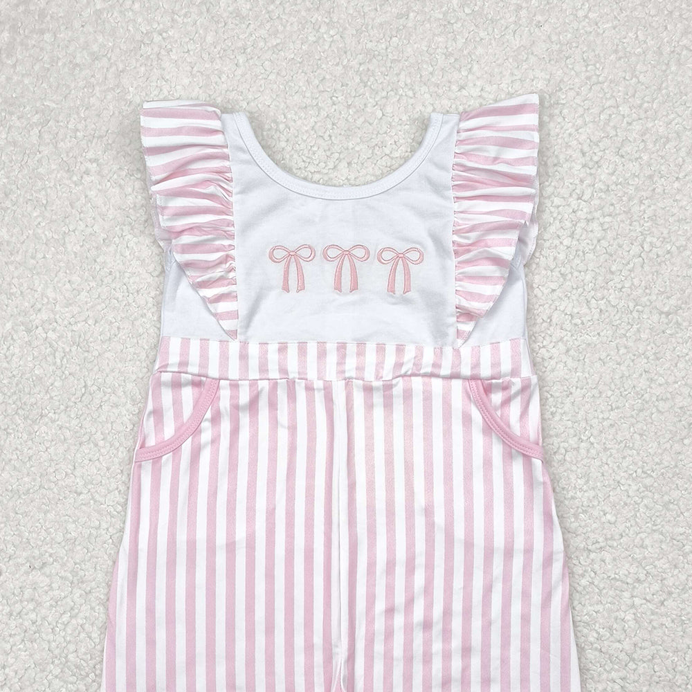 6.12  SR3025 RTS NO MOQ Baby Girls Summer Jumpsuits  Embroidery Pink stripe bow flutter sleeves pockets baby girls jumpsuit