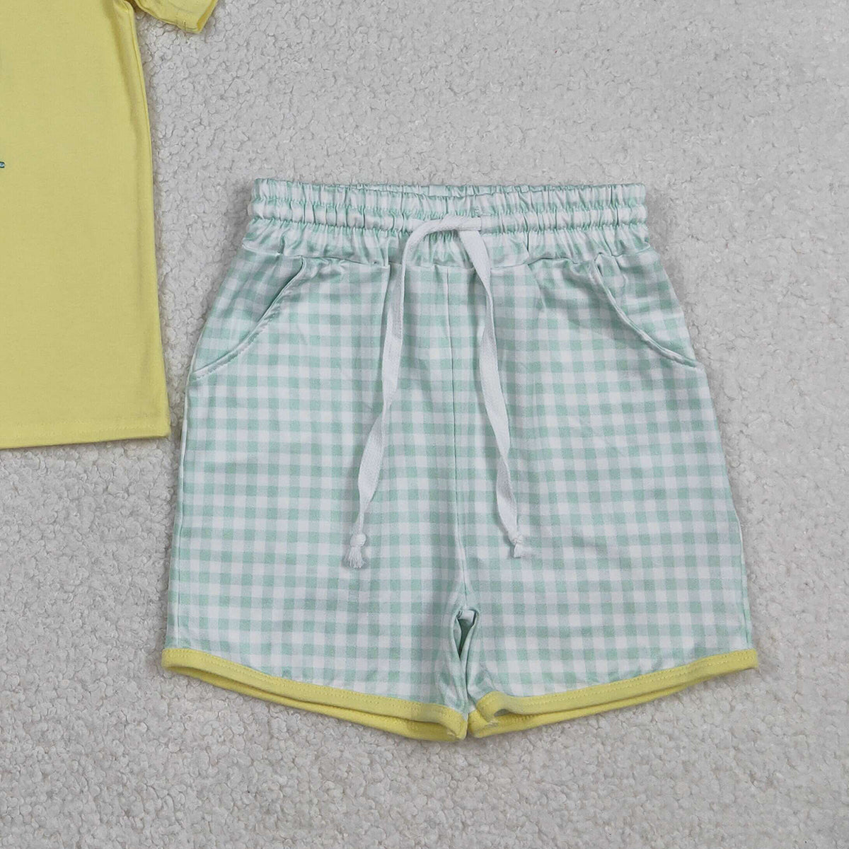 1.6 RTS NO MOQ （In stock）BSSO1740 Embroidery Church Crosses Baby Boys Checked Pockets Shorts Easter Clothes Sets