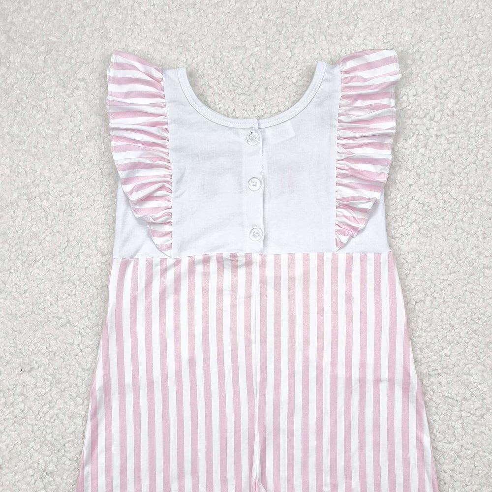 6.12  SR3025 RTS NO MOQ Baby Girls Summer Jumpsuits  Embroidery Pink stripe bow flutter sleeves pockets baby girls jumpsuit