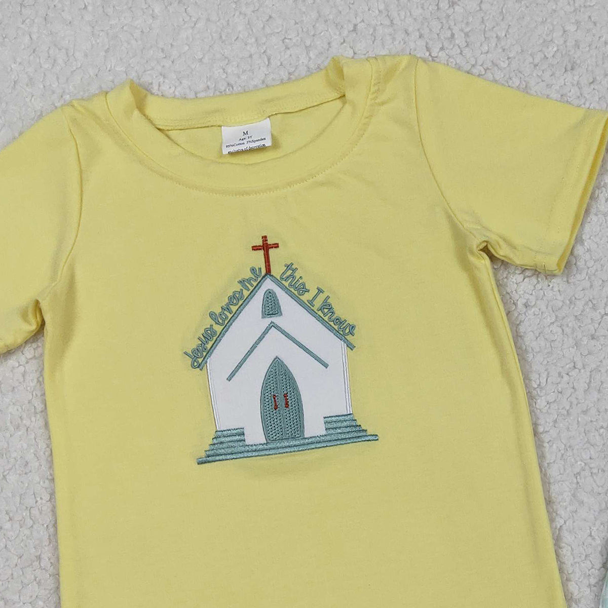 1.6 RTS NO MOQ （In stock）BSSO1740 Embroidery Church Crosses Baby Boys Checked Pockets Shorts Easter Clothes Sets