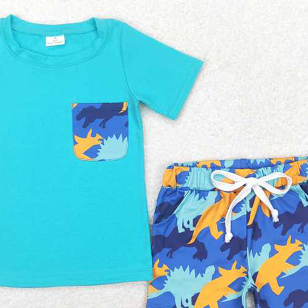 4.26 BSSO0444 RTS NO MOQ Short sleeves pocket top dinosaur shorts boys outfits
