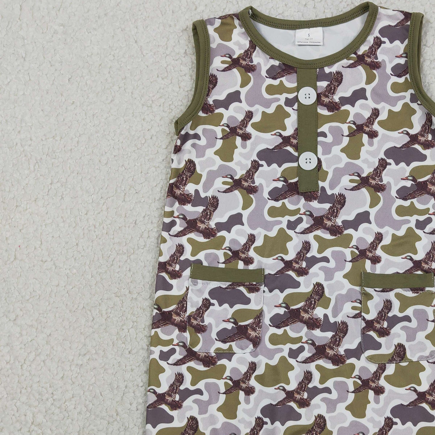 SR3946 RTS NO MOQ （In stock）Sleeveless camo duck pockets baby boy summer romper
