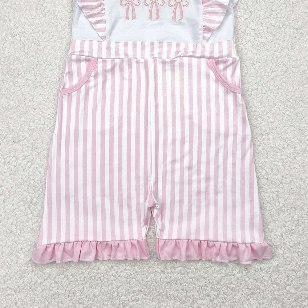 6.12  SR3025 RTS NO MOQ Baby Girls Summer Jumpsuits  Embroidery Pink stripe bow flutter sleeves pockets baby girls jumpsuit