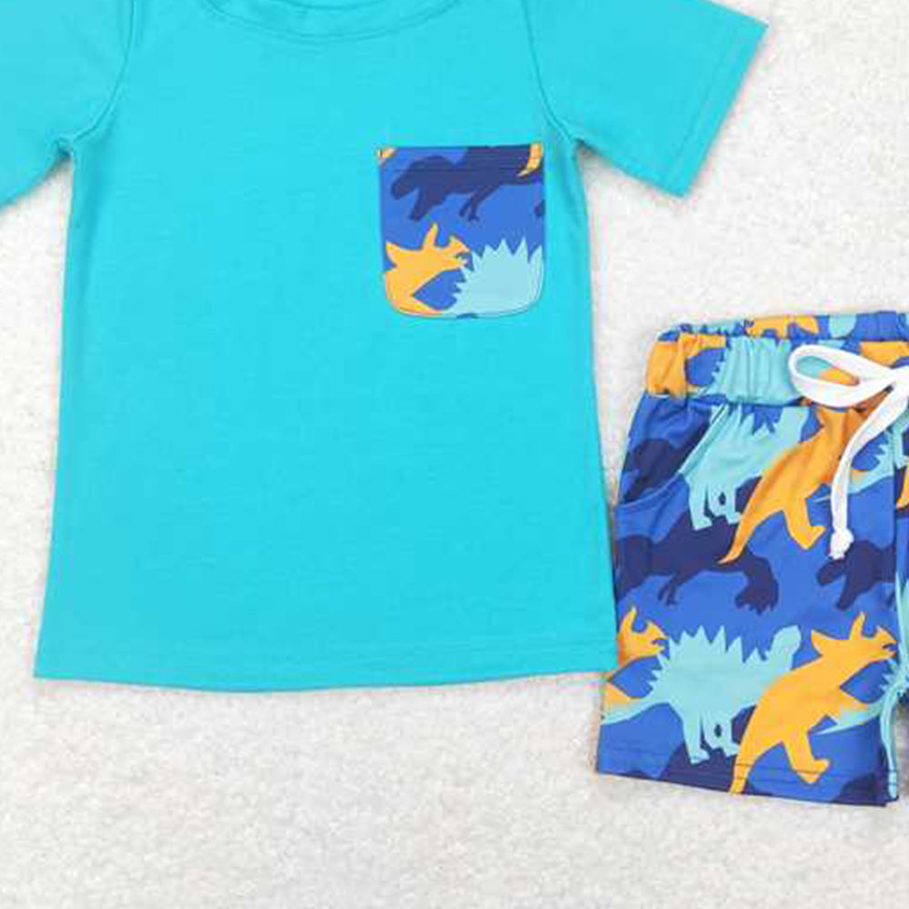 4.26 BSSO0444 RTS NO MOQ Short sleeves pocket top dinosaur shorts boys outfits
