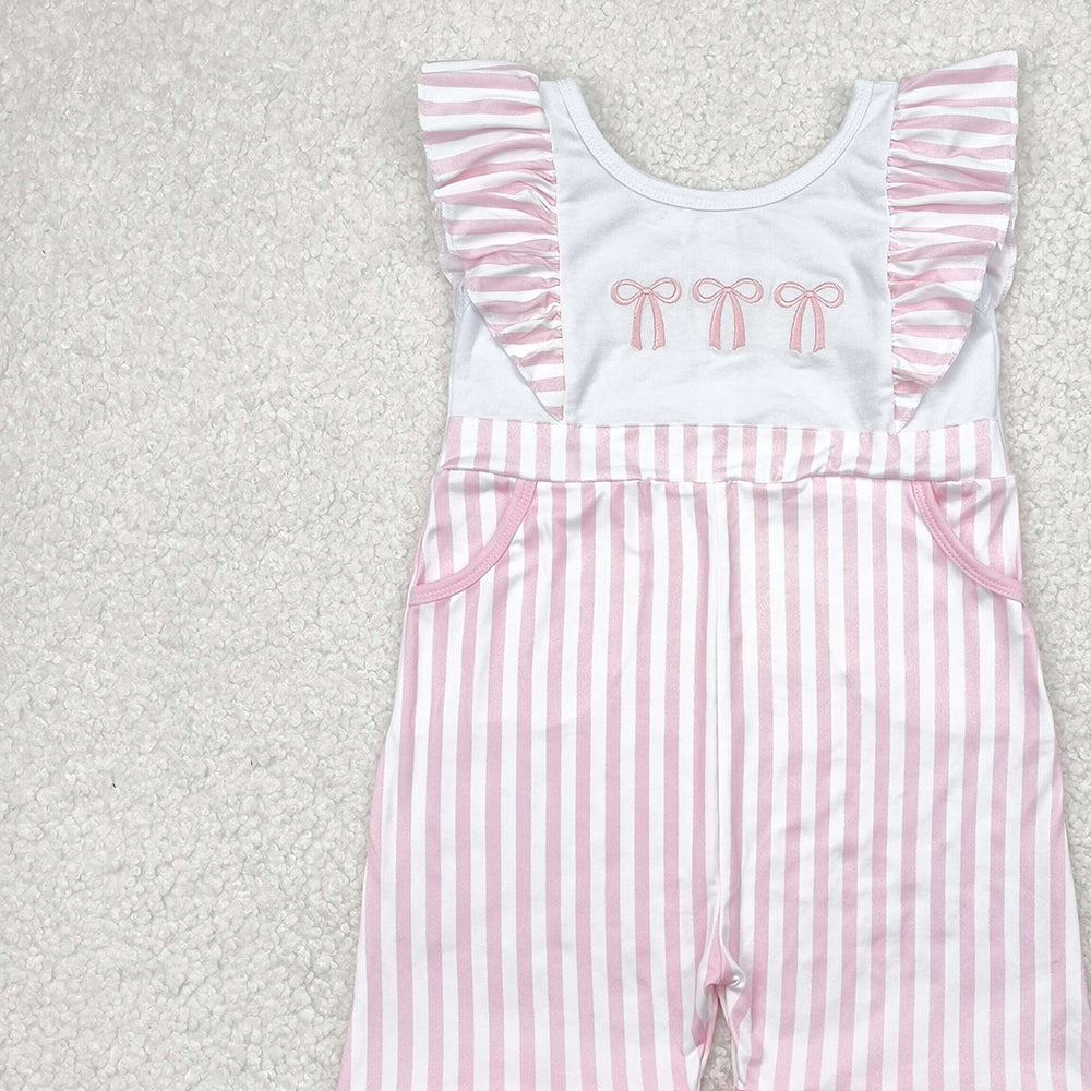 6.12  SR3025 RTS NO MOQ Baby Girls Summer Jumpsuits  Embroidery Pink stripe bow flutter sleeves pockets baby girls jumpsuit