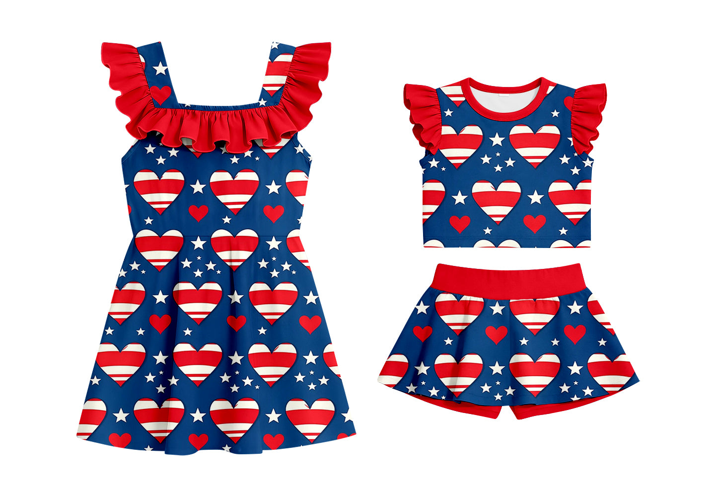 CUSTOM MOQ 5 Sibling Baby Girls Sleeveless Blue Heart Shorts Knee Length Dresses Clothes Sets
