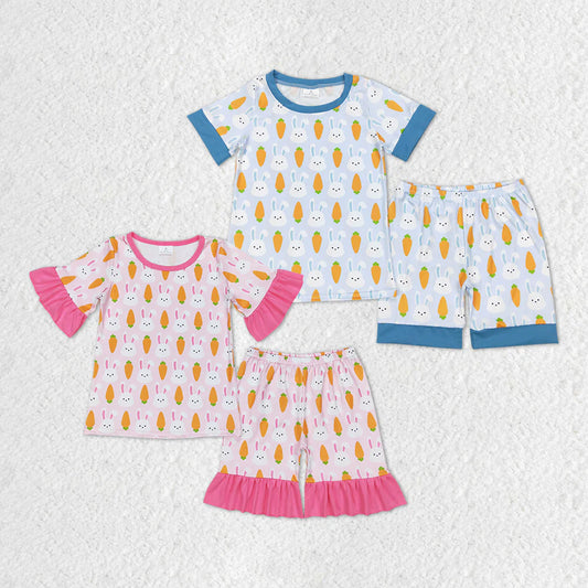 2.11 RTS Baby Girls Boys Easter Carrot Rabbits Shirt Top Shorts Pajamas Sibling Clothing Sets