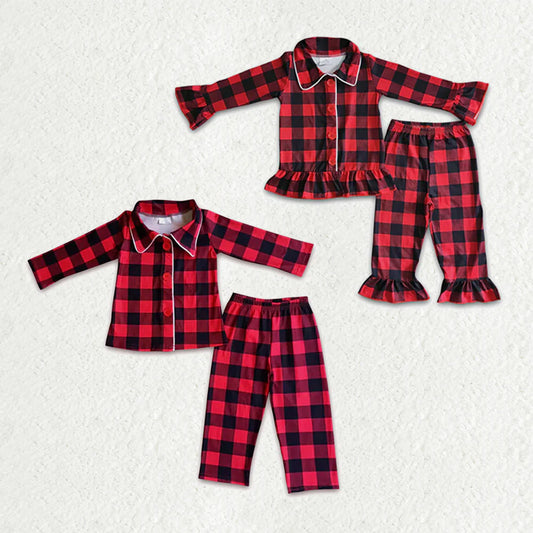 11.13 RTS Sibling Baby Boys Girls Red Checked Button Pants Christmas Pajamas Sets