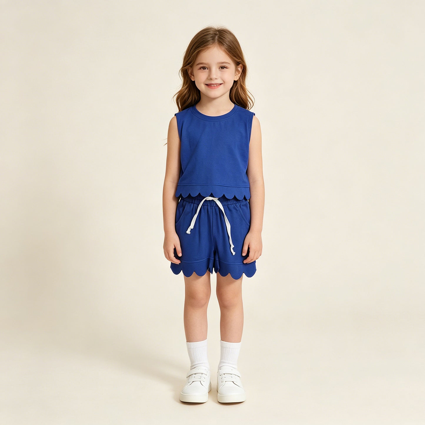 GSSO3732 RTS NO MOQ （In stock）Baby Girls Hot Blue Sleeveless Top Short Scallop Clothes Set