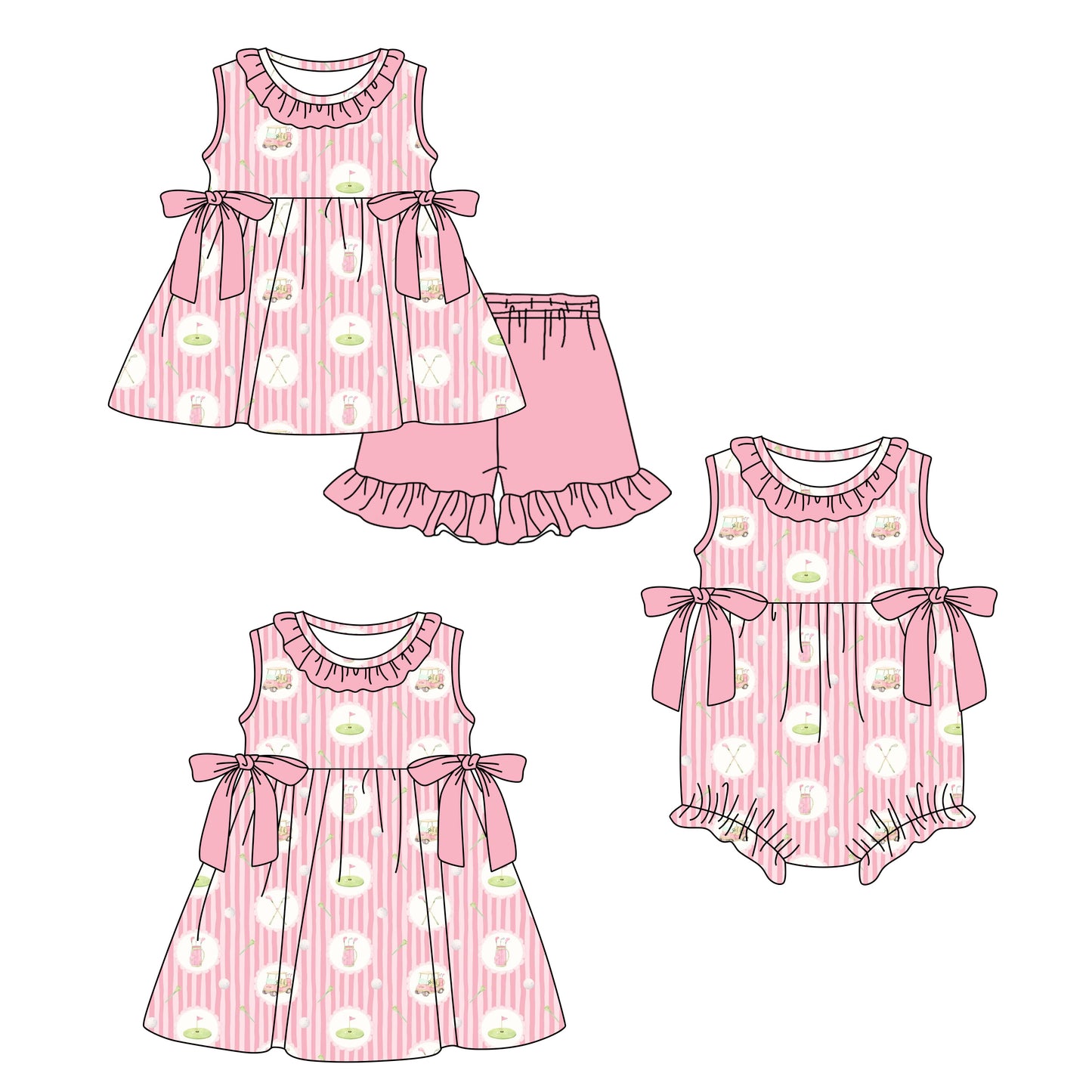 CUSTOM MOQ 5 Sibling Baby Girls Pink Golf Tunic Ruffle Shorts Clothes Set Knee Length Dress Rompers