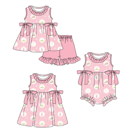 CUSTOM MOQ 5 Sibling Baby Girls Pink Golf Tunic Ruffle Shorts Clothes Set Knee Length Dress Rompers