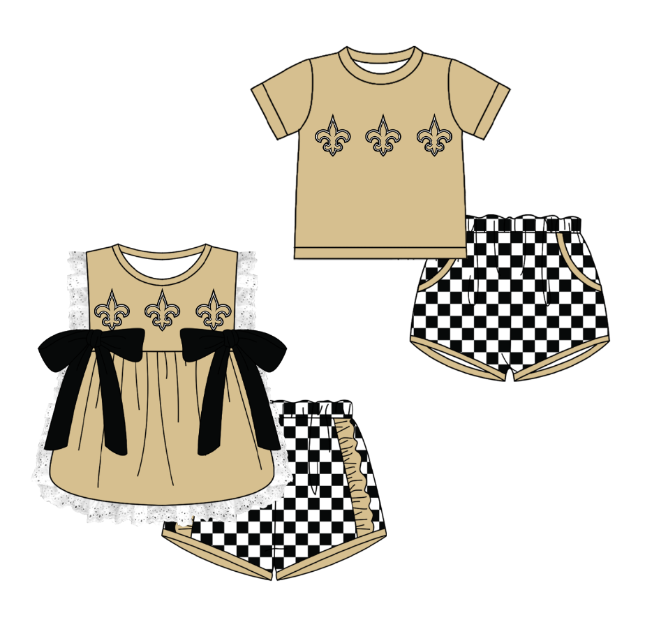 CUSTOM MOQ 5 Cute Kids Clothing Sibling Boys Baby Girls Summer Khaki Top Black Checked Shorts Team Clothes Sets