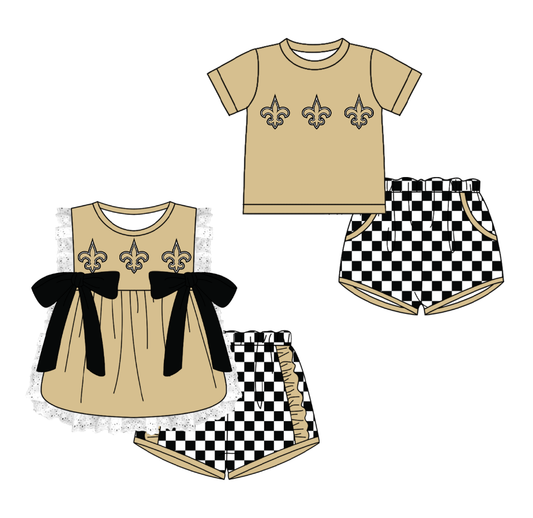 CUSTOM MOQ 5 Cute Kids Clothing Sibling Boys Baby Girls Summer Khaki Top Black Checked Shorts Team Clothes Sets