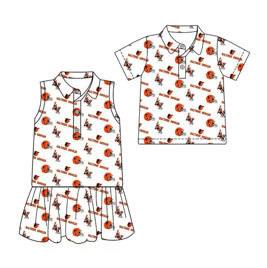 3.13 CUSTOM MOQ 5 Sibling Boys Baby Girls Summer Fashion Short Sleeve White Orange Button Polo Shirts Sleeveless Dress Team Clothes Sets