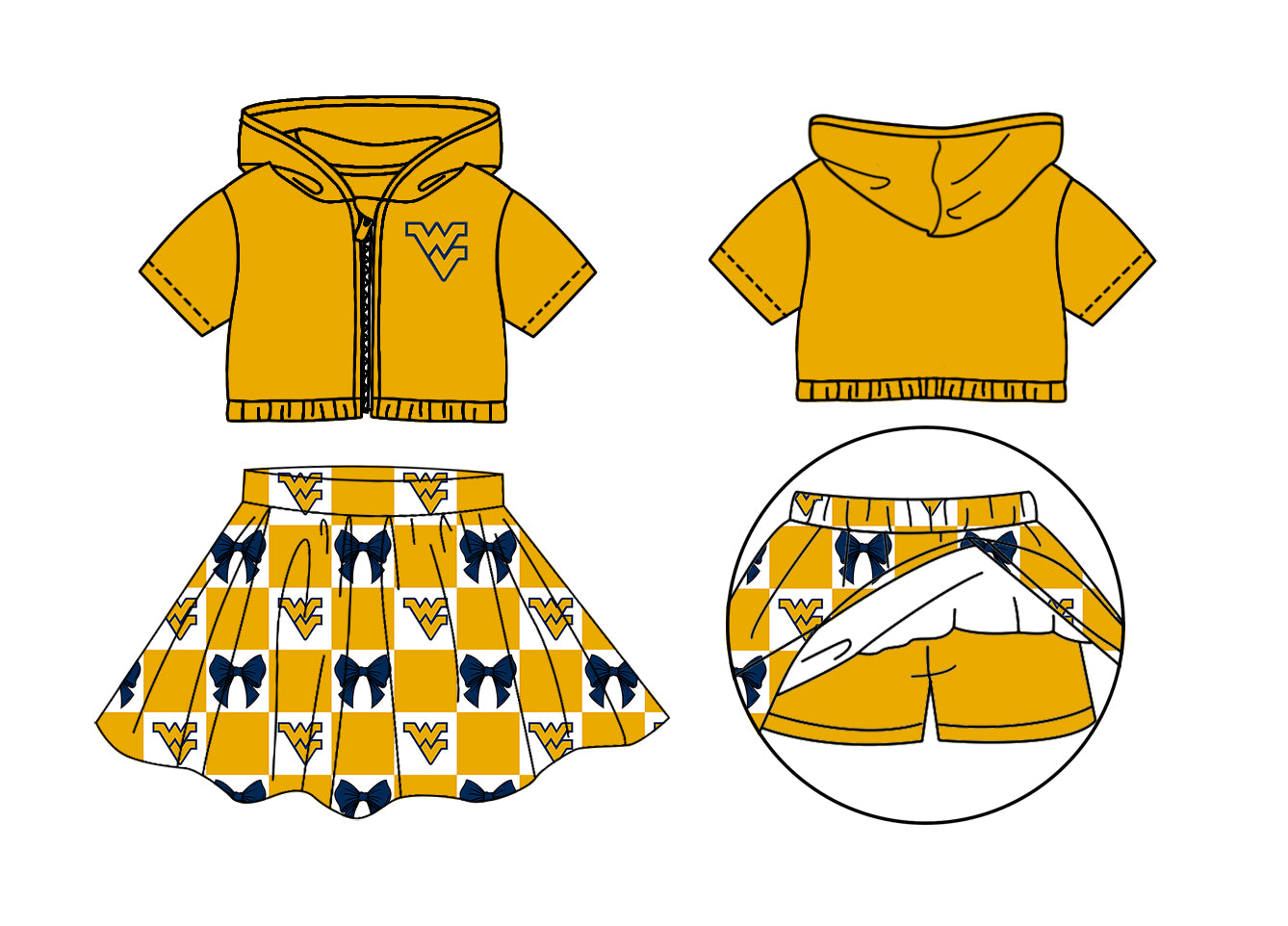 CUSTOM MOQ 5 Sibing Kids Clothing for Girls Baby Girls Yellow Bow Top Skirts Yoga Active Team Clothes Sets Knee Length Dress Shorts