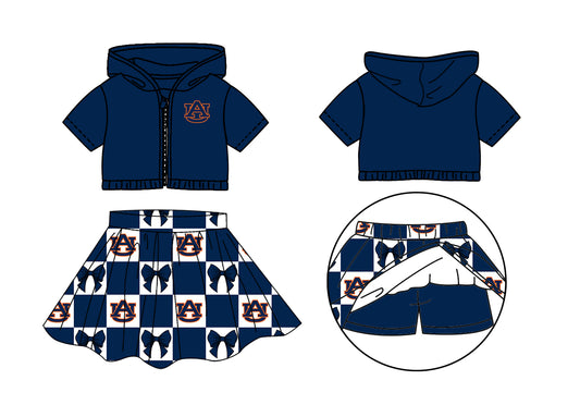 CUSTOM MOQ 5 Kids Clothing for Girls Baby Girls Blue Bow Hoodie Top Skirt Team Clothes Sets