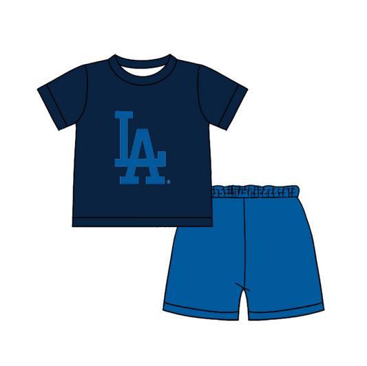 CUSTOM MOQ 5  Cute Comfortable Clothing For Boys Baby Boys Summer Dark Bllue LA Top Shorts Clothes Sets