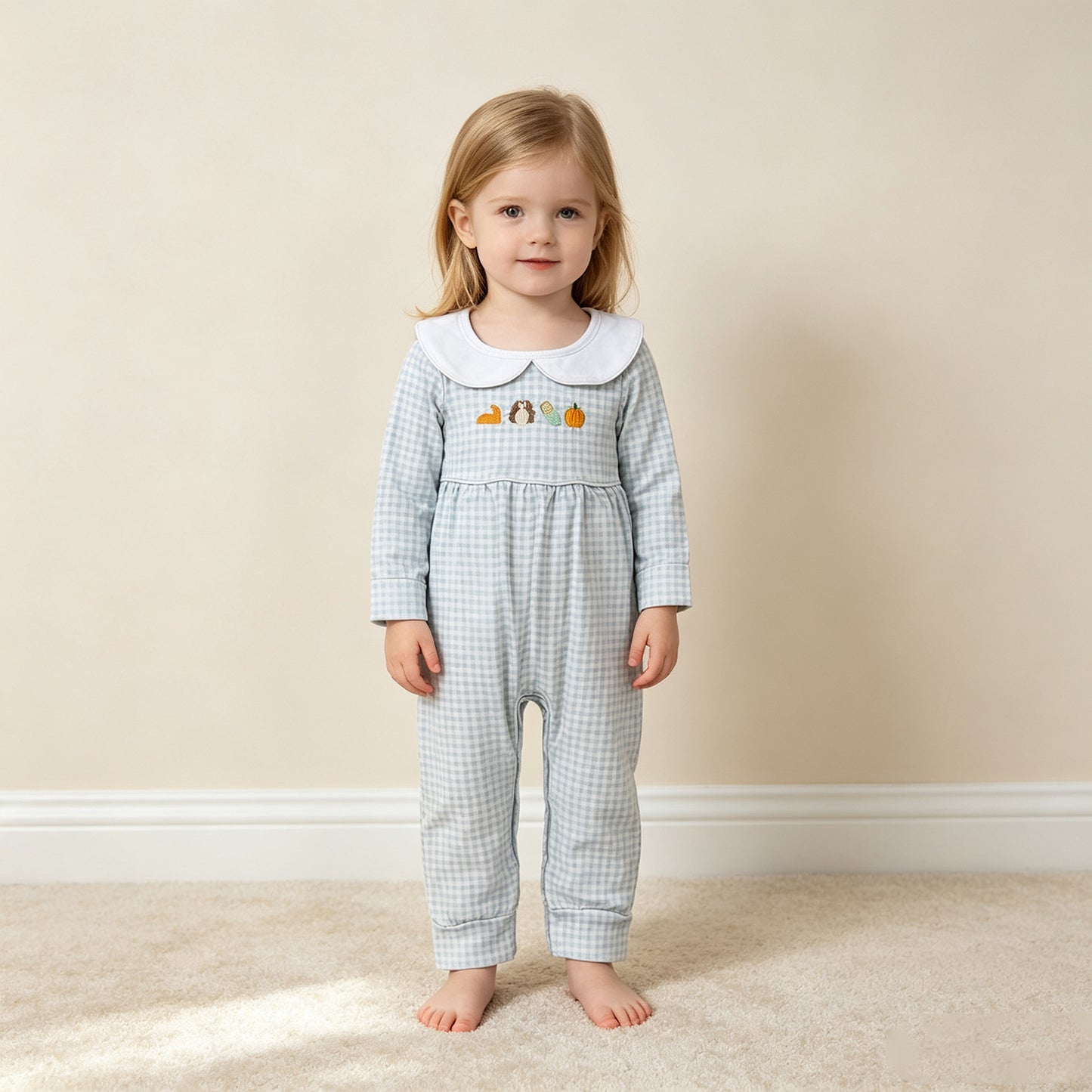 RTS NO MOQ （In stock）milk silk LR3105 Embroidery Baby Boys Turkey Pumpkins Thanksgiving Rompers