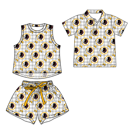 3.17 CUSTOM MOQ 5 Sibling Boys Baby Girls Summer Fashion Gray Check Sleeveless Top Shorts Button Polo Shirts Team Clothes Sets