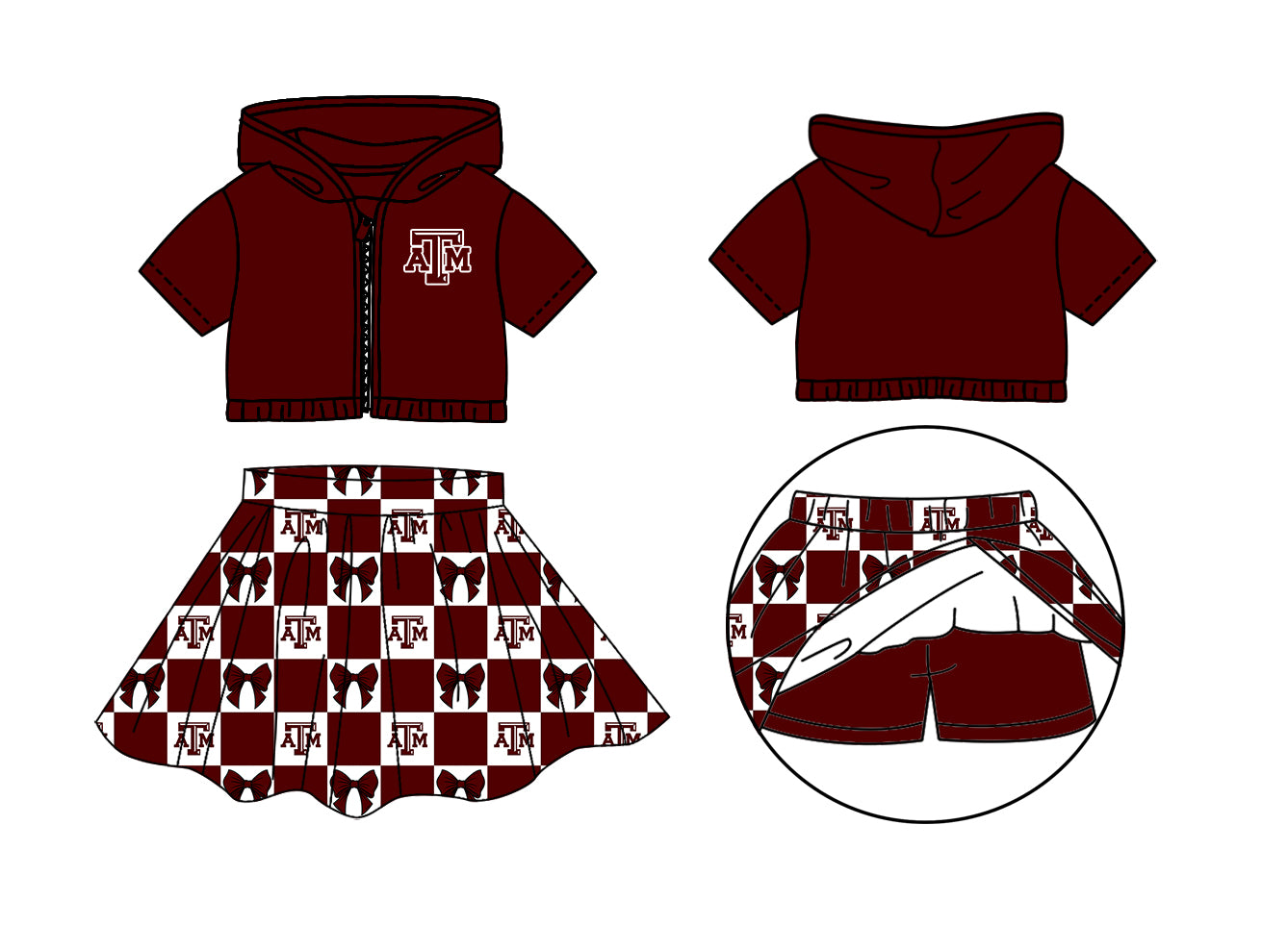 CUSTOM MOQ 5 Kids Clothing for Girls Baby Girls Dark Red T Bow Hoodie Top Skirt Team Clothes Sets
